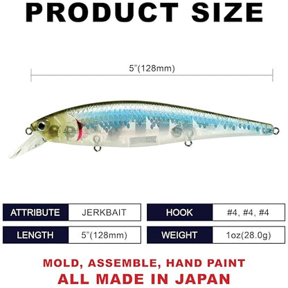LUCKY CRAFT Pointer 128SP, Freshwater Lake Bass Fishing Lure, Jerkbait, Suspending, Fishing Gear, Fishing Accessories, Fishing Tackle - color: 722 Zebra MS Ghost Minnow
