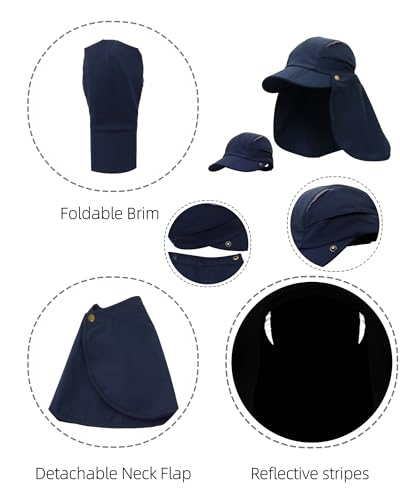 Men Women Safari Fishing Sun Cap with Removable Neck Flap UPF 50+ UV Protection Quick Dry Breathable Hats - color: Navy Blue