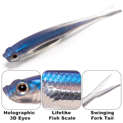 Dr.Fish Soft Plastic Baits, Fork Tail Soft Jerkbait Minnow Lures, 3 to 4-3/4 Inches Soft Swimbaits Jerk Shad Baits Crappie Bass Fishing Lures - color: Olive, size: 4"-5 Pack