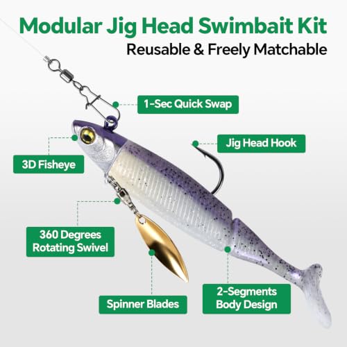 Modular Soft Lure System Kit 15Pcs - Removable Jig Head Hooks Design with Premium TPE Swimbait Paddle Tail, Snap Swivels Included, 3.5in 0.56oz, Mimic Minnow Tackle Box Set for Bass Trout