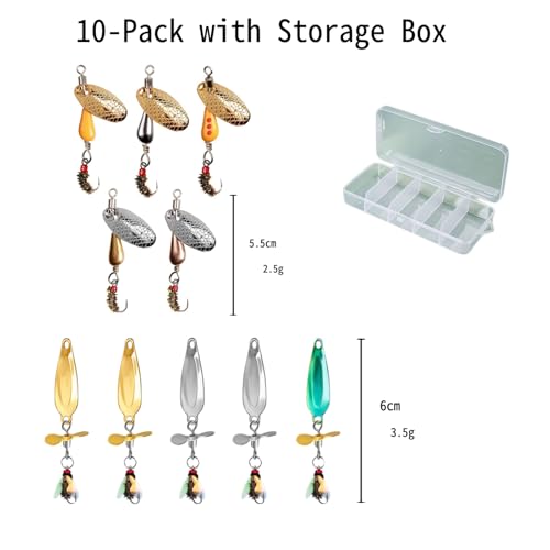 SHIAWASENA Fishing Spinners, 10pcs Trout Fishing Lures Kit, Inline Spinner Baits with Single Hooks &Treble Hooks & Fly Hooks, High-Reflective Flash Spoons for Trout, Salmon, Panfish, Bass, Pike - style: C#