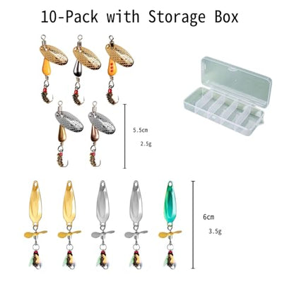SHIAWASENA Fishing Spinners, 10pcs Trout Fishing Lures Kit, Inline Spinner Baits with Single Hooks &Treble Hooks & Fly Hooks, High-Reflective Flash Spoons for Trout, Salmon, Panfish, Bass, Pike - style: C#