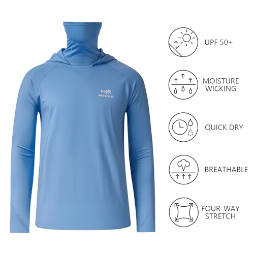 BASSDASH Youth UPF 50+ Hooded Shirts with Mask UV Neck Gaiter Sun Protection Long Sleeve T Shirt for Fishing Swim - color: Carolina, size: Medium