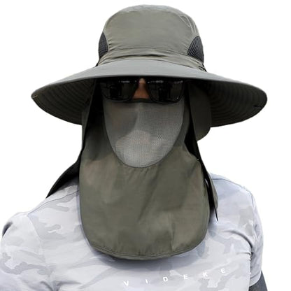 Sun Hat Unisex Face Coverage Shield Neck Flap Cap Garden Lawn Work Sports Hiking Fishing Hats - color: Army Green and Black Mesh