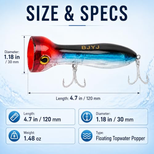 Topwater Popper Fishing Lure, 120mm 4.7in Floating Saltwater Surface Bait with BKK 3X Strong #1 Treble Hooks and Split Rings, Long Casting Hard Lure for Striped Bass Tuna Bluefish Inshore Fishing - color: A2-1PCS/1.48OZ-4.7"