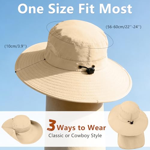 ZOORON Sun Hats for Men Women Fishing Hat with Neck Flap,UPF 50+ Sun Hat Waterproof Wide Brim Bucket Hats for Safari Hiking - color: 1-beige-arm Sleeves
