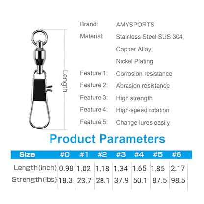 AMYSPORTS Steel Stainless Snap Swivels Saltwater Ball Bearing Fishing Swivel Lure Connector Barrel Swivels Fishing Tackle Black Nickel - size: size0 (18.3lb) 25 pcs