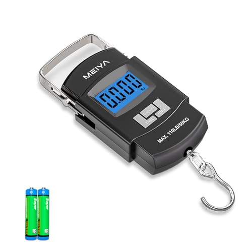 MEIYA Fish Scale 110lb/50kg Digital Fishing Scale with Backlit LCD, Portable Handle, Stainless Steel Hook & 2 AAA Batteries – Reliable Fishing Gear & Great Fishing Gifts for Men - color: Black