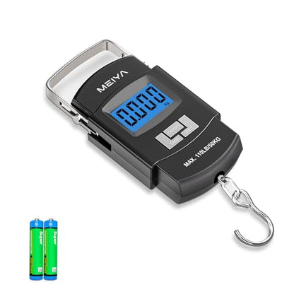 MEIYA Fish Scale 110lb/50kg Digital Fishing Scale with Backlit LCD, Portable Handle, Stainless Steel Hook & 2 AAA Batteries – Reliable Fishing Gear & Great Fishing Gifts for Men - color: Black