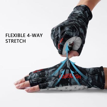 BASSDASH 3/4 Finger UPF 50+ Sun Gloves Breathable Anti-Slip Silicone Palm for Men Women Fishing Fingerless Cycling Running - color: Black Camo, size: X-Large