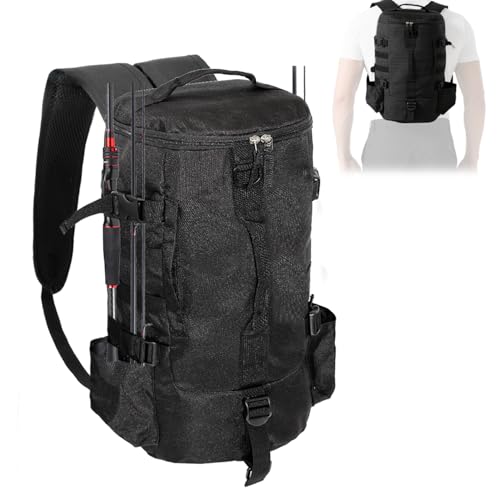Fishing Tackle Backpack with Rod & Bottle Holder, Lightweight Outdoor Water-Resistant Fishing Gear Shoulder Storage Bag (Black) - color: Black3