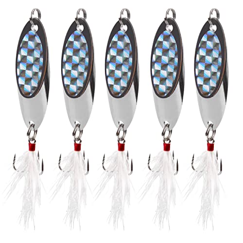 Fishing Lures Casting Spoon Lure, 5pcs Hard Metal Spoon Fishing Lures for Trout Bass Crappie Pike Walleye Saltwater Freshwater Fishing Gear 3/16oz-2oz - color: Silver-feather, size: 1/4oz(7g)