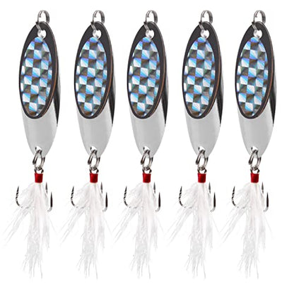 Fishing Lures Casting Spoon Lure, 5pcs Hard Metal Spoon Fishing Lures for Trout Bass Crappie Pike Walleye Saltwater Freshwater Fishing Gear 3/16oz-2oz - color: Silver-feather, size: 3/4oz(21g)
