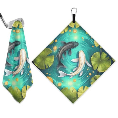 Fish 2 Pack Waffle Pattern Golf Towels, 17.7"x17.7" Square Golf Towel with Carabiner Clip and Magnetic Snap for Cleaning Golf Ball, Club