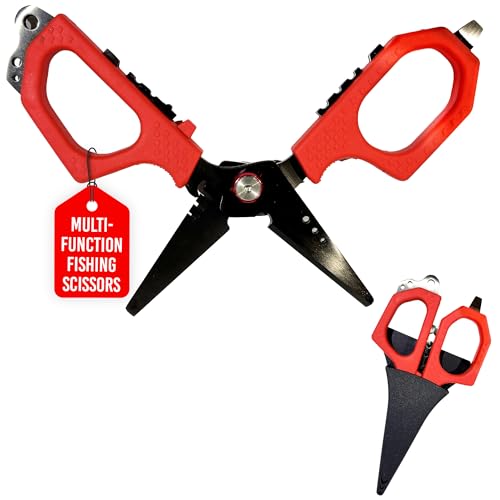 Rite Angler Multi-Function Fishing Scissors with Fishing Line Cutter & Braided Line Cutter - Hook Remover, Split Ring Tool, Braid Scissors, Crimping, Bottle Opener, Non-Slip Grip - 6"
