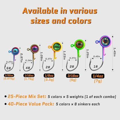 FishTrip Crappie Jig Heads, 25/40packs Fishing Jig Heads Hooks with 3D Eyes Swimbait Jig Head for Crappie Bass Fishing 1/32oz, 1/16oz, 1/8oz, 3/16oz, 1/4oz - size: 1/8oz_40pcs