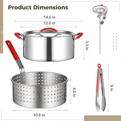 10 QT Stainless Steel Deep Fryer Pot, Complete Set with Basket, Lid, Tongs, and Thermometer, Fish Fryer for Propane and Gas Stoves, Excludes Induction or Electric Cooktops