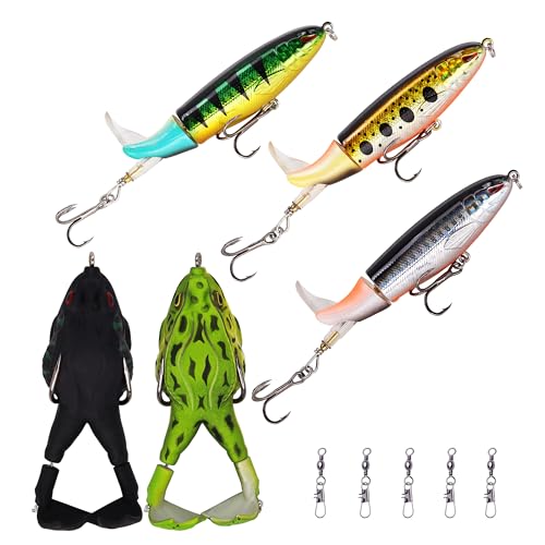 Topwater Bass Fishing Lure Kit, Plopping Propeller Tail Bigger Splash Whopping, Soft Plastic Frog Bait 3D Eyes Lifelike Body Pattern, for Bass Snakehead Musky Pike Walleye, 5 pcs… - color: B Group