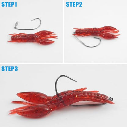 Crawfish Bait Soft Plastic Lures Set for Bass Fishing, 60pcs Silicone Craw Swimbaits with Twistlock Hooks Swivel Snaps Ned Rig Baits Kit for Trout Salmon Freshwater Saltwater