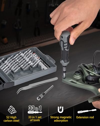 THKFISH Fishing Reel Maintenance Kit, Reel Repair Tool Kit, Fishing Reel Cleaning Set with Spool Pin Remover and 28 in 1 Screwdriver or 38 in 1 Electric Screwdriver - color: Black-Manual screwdriver