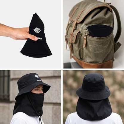 Bucket Hat for Men Women,Waterproof Sun Hat UV Protection with Detachable Face Neck Flap for Outdoors - color: Black+grey