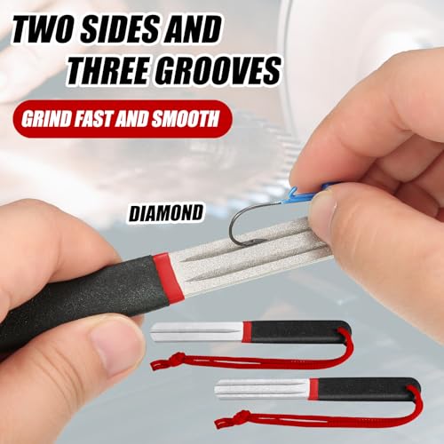 Skylety 4 Pcs Hook Sharpener Hook File for Fishing Diamond File with Handle Portable Fishing Sharpener with Double Sided Fine and Medium Grit, 4 Inch (Red) - color: Red