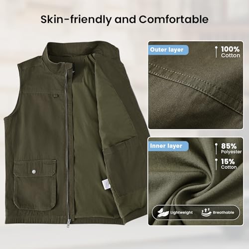 TBMPOY Men's Lightweight Vest Cotton Stylish Sleeveless Travel Casual Work Canvas Outerwear Utility Jacket Fishing Hiking - color: Army Green, size: Large