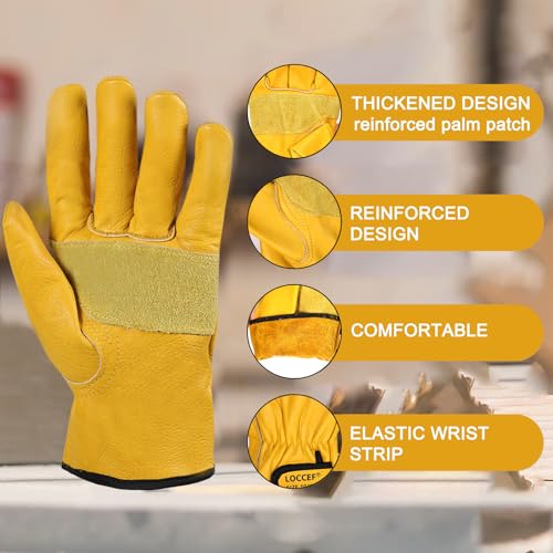 LOCCEF 2 Pairs Leather Work Gloves for Men Women Cowhide Utility | Elastic snug wrist cuff, touchscreen, tear resistant, for mechanics, construction, trucking, landscaping, warehouse