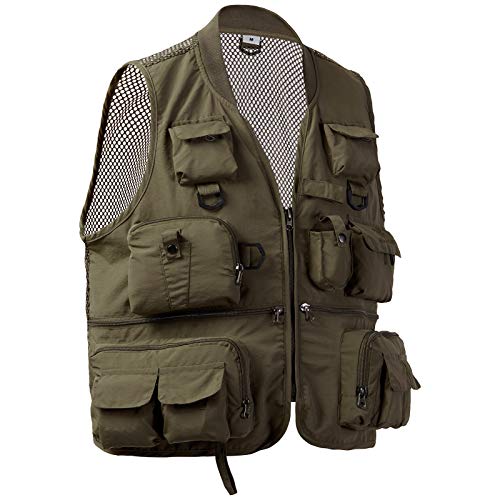 BASSDASH Versatile Men's Women's Fishing Photography Vest with Mesh Back 6 Sizes - color: Army Green, size: X-Large