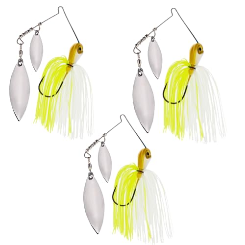 Reaction Tackle Spinner Bait, Compact Profile Fishing Lure with Flash and Vibration for Bass, Trout, Pike, Salmon and Walleye (3-Pack) - color: White Chartreuse, size: 3/8 Oz