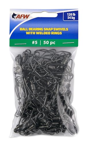 AFW Solid Brass Ball Bearing Snap Swivels with Welded Rings - Black Finish, Up to 450 lb Test Capacity, Patented Bullet Shaped Head for Reduced Water Resistance, Fluid Rotation - size: 50 pc, #5, 120 lb test