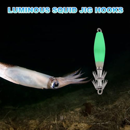Luminous Squid Jig Hooks, Squid Jigs Saltwater Glow in Dark Dual-Layer Hooks - Fit for Cuttlefish Sleeve Night Fishing - color: Blue