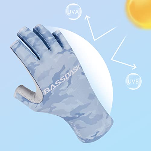 Bassdash ALTIMATE UPF 50+ Sun Protection Fingerless Fishing Gloves Men - color: ALTIMATE I - Light Blue Camo, size: Large