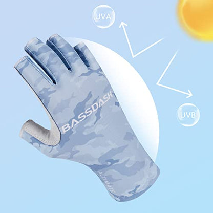 Bassdash ALTIMATE UPF 50+ Sun Protection Fingerless Fishing Gloves Men - color: ALTIMATE I - Light Blue Camo, size: Large