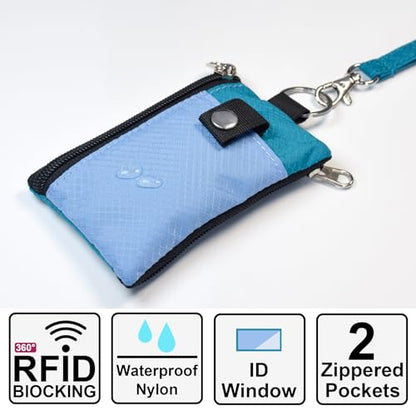 CHENSPRX Minimalist RFID Blocking Small Wallet with ID Window,WaterResistant Zip Id Case Wallet with Lanyard Keychain for Cards,Cash,Travel,Women,Men - color: Light Blue+Turquoise