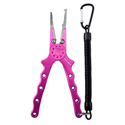 Professional Saltwater/Fresh Water Aluminum Fishing Pliers Tungsten Carbide Cutters Hook Remover with Sheath and Lanyard - color: Pink