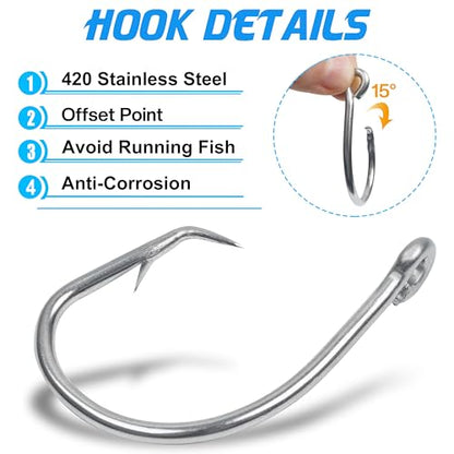 Stainless Steel Tuna Circle Hooks, 30pcs 3X Strong Saltwater Hooks Ultra Sharp for Tuna Marlin Swordfish Sharks, Size 5/0-10/0 - size: 5/0 _ 30pack