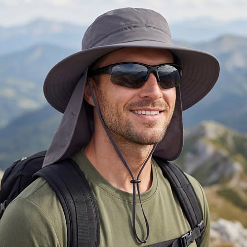 Connectyle Wide Brim Sun Hat for Men Women UPF 50+ Breathable Fishing Hat with Neck Flap Outdoor Hiking Safari Bucket Hats - color: Dark Grey