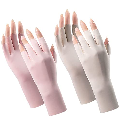 IZUS Women Cool Ice Silk Fingerless Driving Gloves Sunblock Non-Slip Outdoor Light-Thin Gloves Fishing Hiking Outdoor - color: 2set (Pink+ivory)