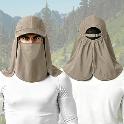 2Pack Men’s Foldable Sun Hat with Removable Face Mask & Neck Flap, UPF 50+ UV Protection, Quick-Drying Outdoor Fishing Cap - color: Light Grey+khaki