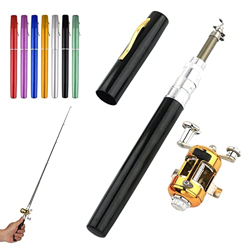 2023 Pocket Size Fishing Rod, 38inch Mini Fishing Pole Pen Fishing Rod Reel Set, Aluminum Alloy Telescopic Fishing Rod Collapsible Fishing Pole Kit - color: Black