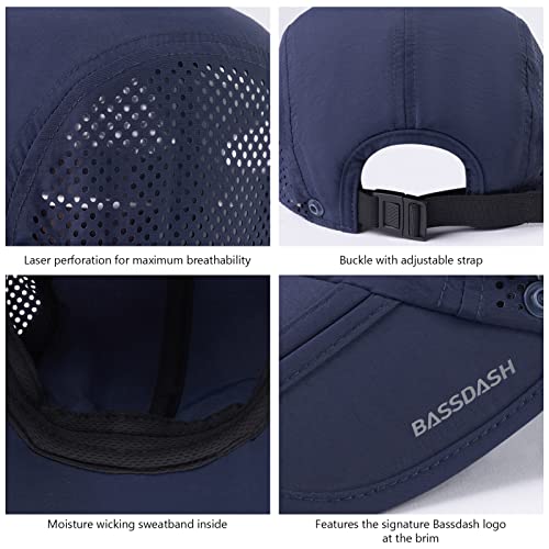 BASSDASH UPF 50+ Foldable Fishing Hat Baseball Cap with Removable Neck Flap Portable for Men Women Golf Hiking - color: Dark Blue With Foldable Brim