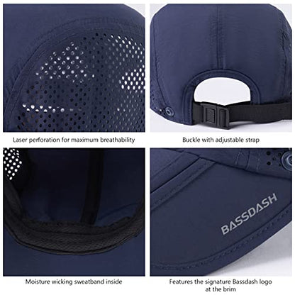 BASSDASH UPF 50+ Foldable Fishing Hat Baseball Cap with Removable Neck Flap Portable for Men Women Golf Hiking - color: Dark Blue With Foldable Brim