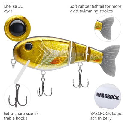 BASSROCK Topwater Fishing Lures for Bass Pike Salmon Floating Swimbait Jointed Crankbait Freshwater Saltwater 4.9in/1.76oz RK1001 - color: Golden Shiner, size: 4.9in/1.76oz