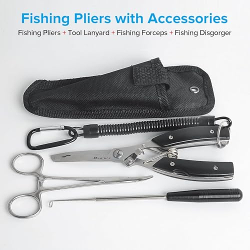 Realure 3‑Piece Saltwater Fishing Pliers Tool Kit, 420 Stainless Steel Split Ring Pliers with Forceps & Hook Remover, Line Cutter Fishing Gear with Lanyard & Sheath for Freshwater & Saltwater Angling
