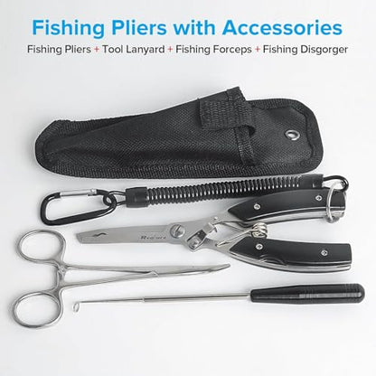 Realure 3‑Piece Saltwater Fishing Pliers Tool Kit, 420 Stainless Steel Split Ring Pliers with Forceps & Hook Remover, Line Cutter Fishing Gear with Lanyard & Sheath for Freshwater & Saltwater Angling