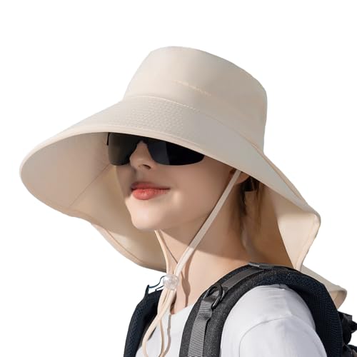 Peicees UPF 50+ Waterproof Fishing Hat with Wide Brim & Neck Flap - UV Protective Summer Sun Hat for Men Women Fishing Gear - color: Beige