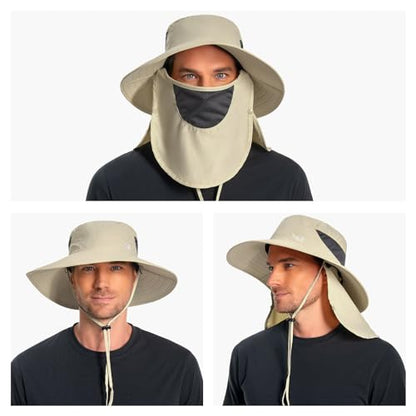 BASSDASH UPF 50+ Breathable Sun Hat with Removable Face Cover and Neck Flap Wide Brim Bucket Hat for Fishing Hiking Men Women - color: Cream