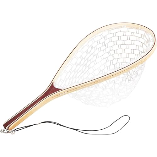 Wooden Frame Fly Fishing Landing Net, Soft Knotless Rubber Mesh, Fish-Friendly for Catch and Release, Freshwater Saltwater, Trout Fishing, Great Gift