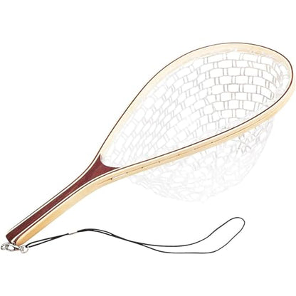 Wooden Frame Fly Fishing Landing Net, Soft Knotless Rubber Mesh, Fish-Friendly for Catch and Release, Freshwater Saltwater, Trout Fishing, Great Gift